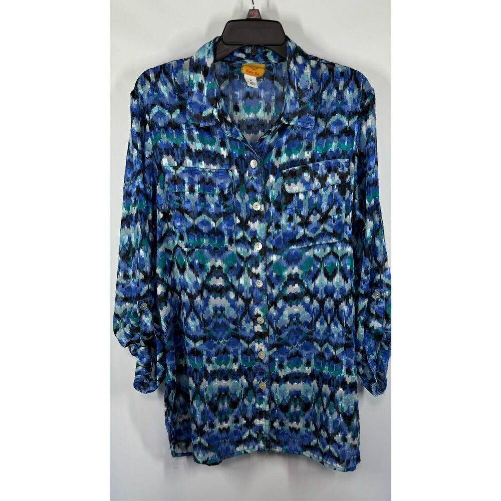 Ruby Rd Tunic Blouse Sheer Metallic Roll Tab Sleeve Top size 14